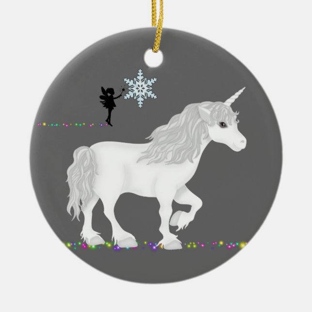 Personalized Unicorn, Fairy and Christmas Tree Ceramic Ornament (Front)