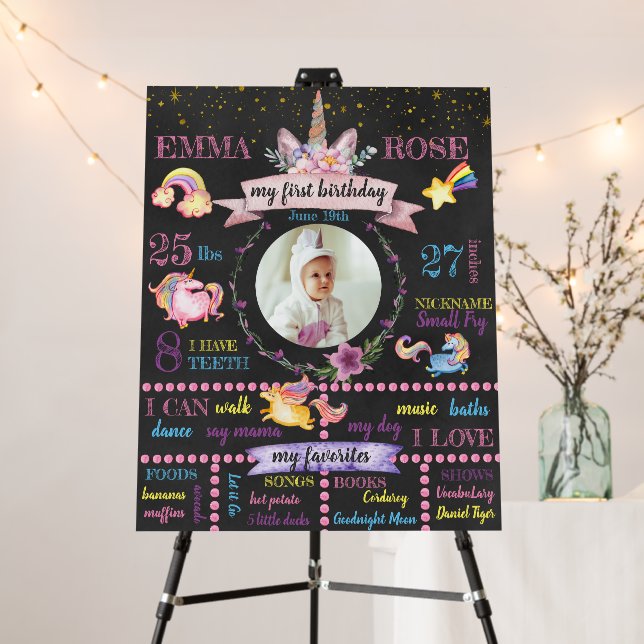 Personalized Unicorn First Birthday Stats Foam Board (In Situ (Stand))