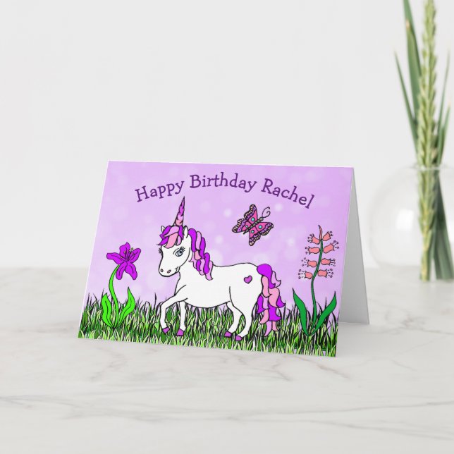 Personalized  Unicorn, Flowers, Butterfly Birthday Card (Front)