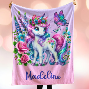 Personalized Unicorn Gift Custom Name Pink Purple Fleece Blanket