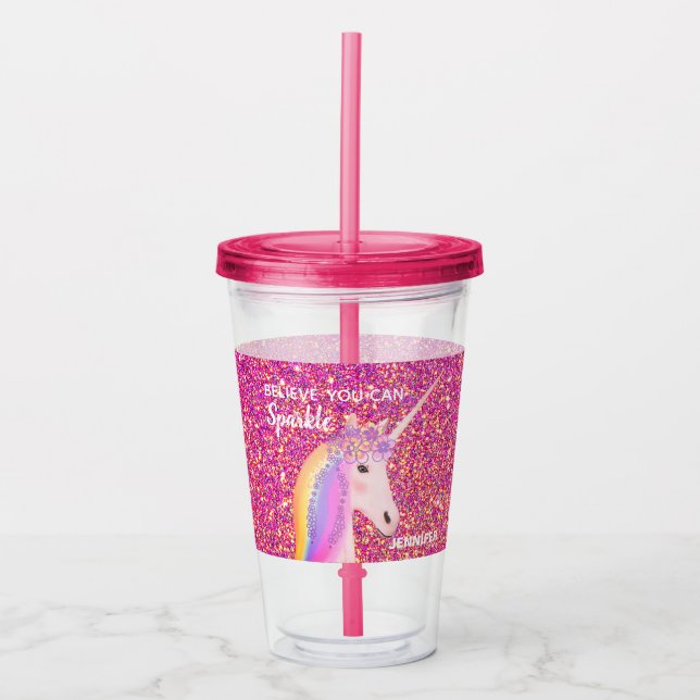 Personalized Unicorn Girly Pink Glitter Sparkle Acrylic Tumbler (Front)