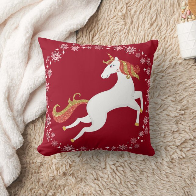 Personalized Unicorn Glitter Snowflakes Christmas Throw Pillow (Blanket)