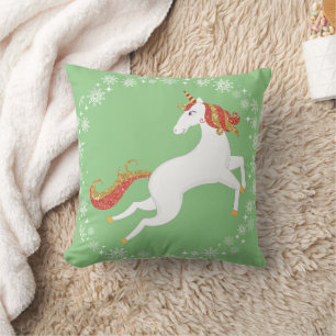 Personalized Unicorn Glitter Snowflakes Christmas Throw Pillow