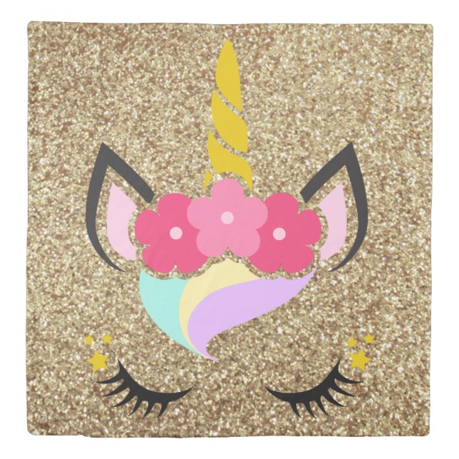 Personalized Unicorn Gold Glitte Queen Duvet Cover (Front)