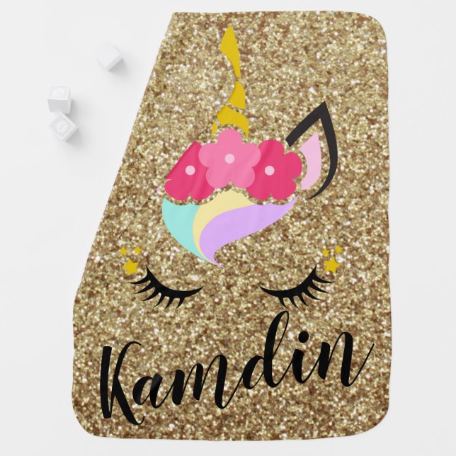 Personalized Unicorn Gold Glitter Baby Blanket (In Situ)