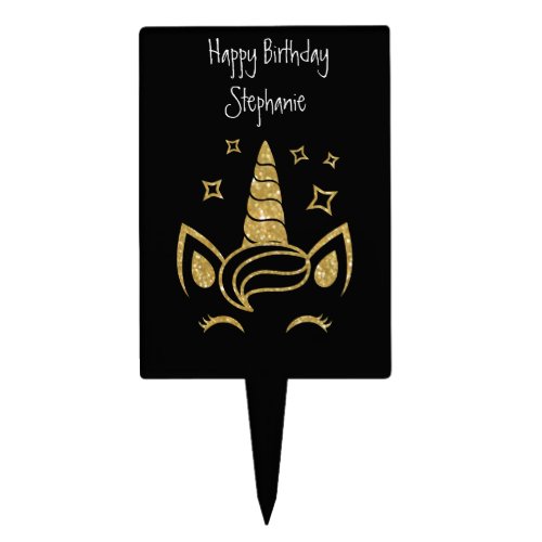 Personalized  Unicorn Gold Glitter black Birthday Cake Topper