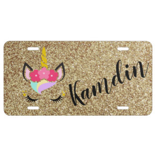 Personalized Unicorn Gold Glitter Car Plate