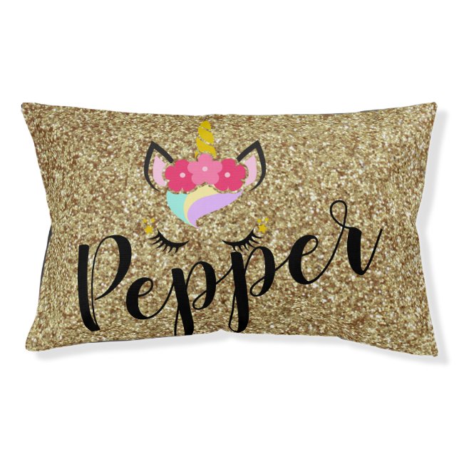 Personalized Unicorn Gold Glitter Dog Bed (Front)