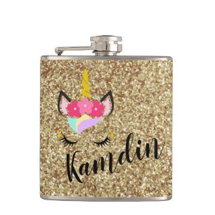 Personalized Unicorn Gold Glitter Flask