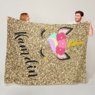 Personalized Unicorn Gold Glitter Fleece Throw Blanket