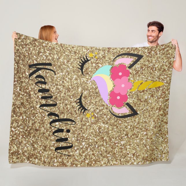 Personalized Unicorn Gold Glitter Fleece Throw Blanket (In Situ)