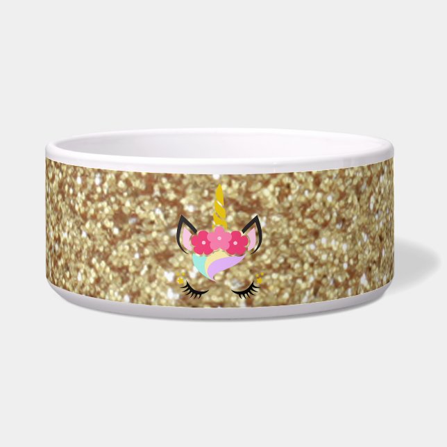 Personalized Unicorn Gold Glitter Pet Bowls (Front)