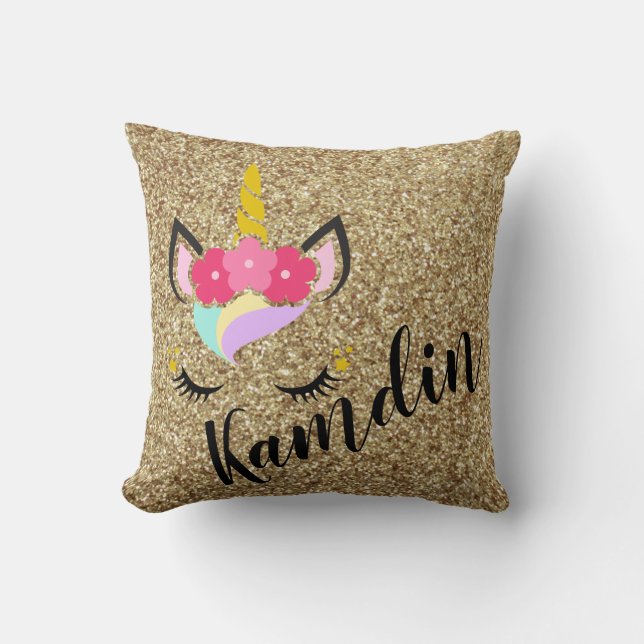 Personalized Unicorn Gold Glitter Pillow (Front)