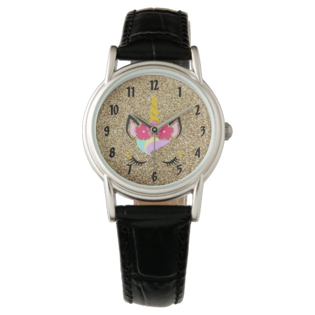 Personalized Unicorn Gold Glitter Wrist Watch (Front)