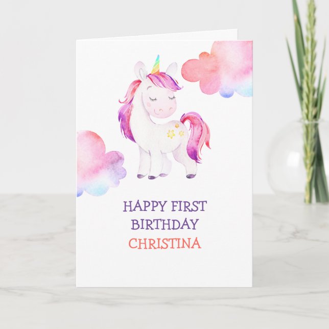 Personalized Unicorn Happy Birthday Girls Card (Front)