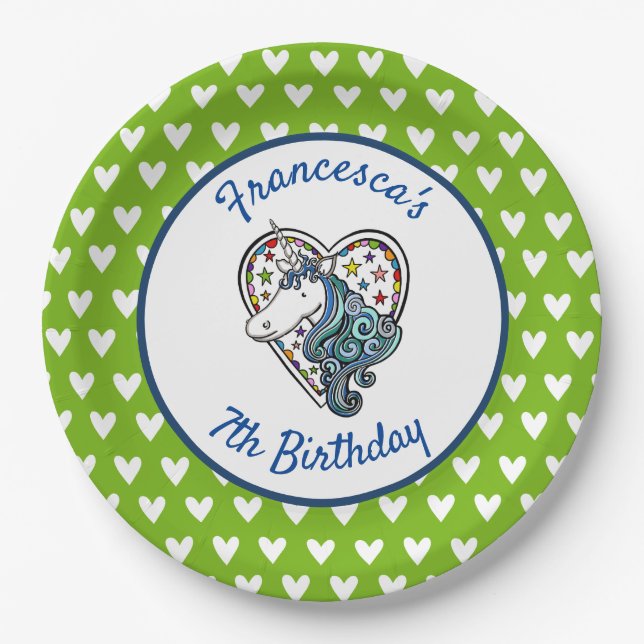 Personalized Unicorn Heart Paper Plate (Front)