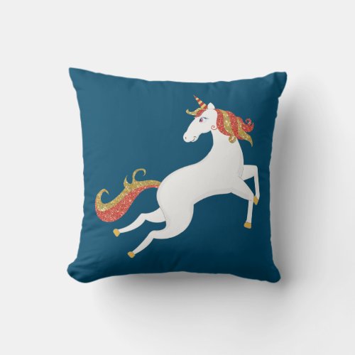 Personalized Unicorn Horse Golden Red Glitter Blue Throw Pillow