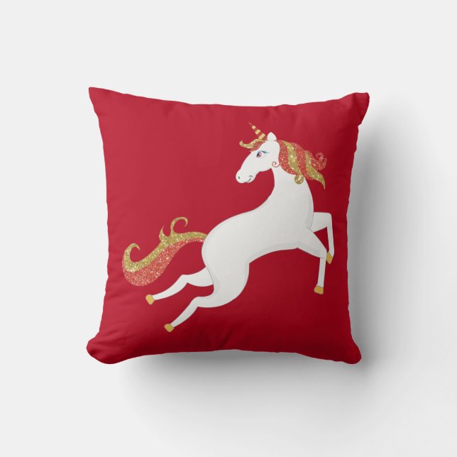 Personalized Unicorn Horse Golden Red Glitter Throw Pillow (Front)