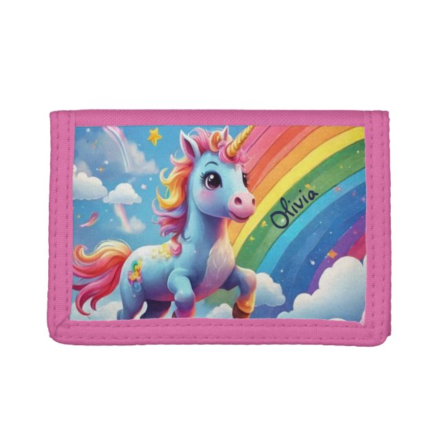 Personalized Unicorn Jumping Into Rainbow Trifold Wallet (Front)
