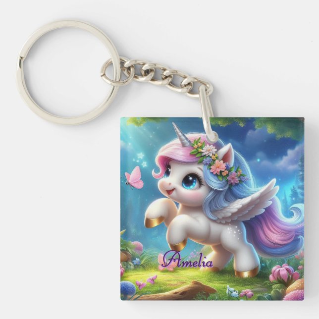 Personalized Unicorn Keychain Custom Name Gift (Front)