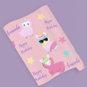 Personalized Unicorn Llama Happy Birthday Wrapping Paper
