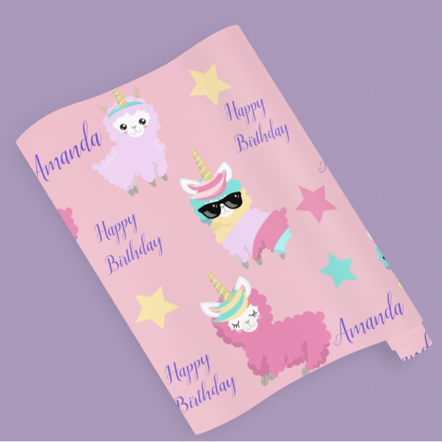 Personalized Unicorn Llama Happy Birthday Wrapping Paper (Creator Uploaded)