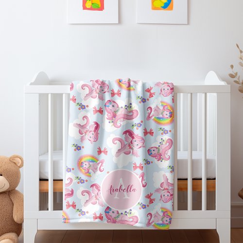 Personalized Unicorn Magical Pink Girly Rainbow Baby Blanket