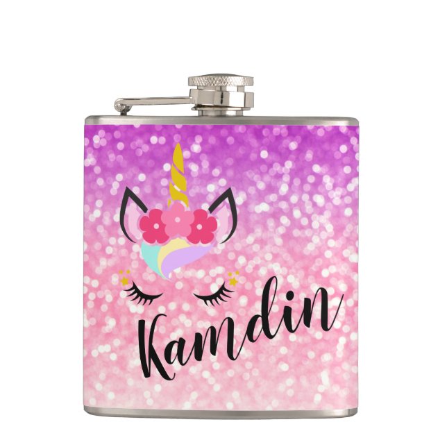Personalized Unicorn Ombre Fade Glitter Flask (Front)