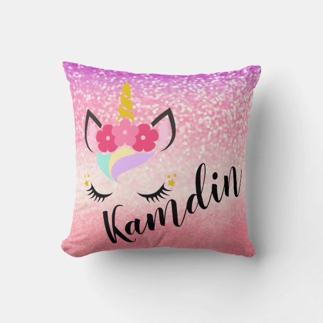 Personalized Unicorn Ombre Fade Glitter Pillow (Front)