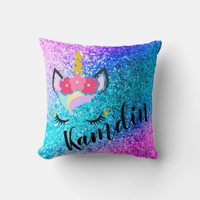 Personalized Unicorn Ombre Fade Glitter Pillow (Front)