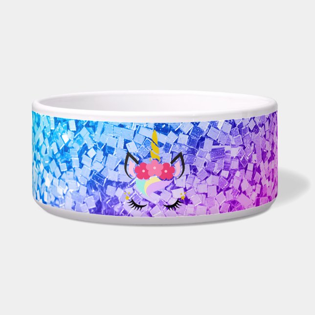 Personalized Unicorn Ombre Glitter Pet Bowls (Front)