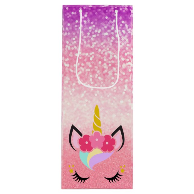 Personalized Unicorn Ombre Glitter Wine Gift Bag (Front)