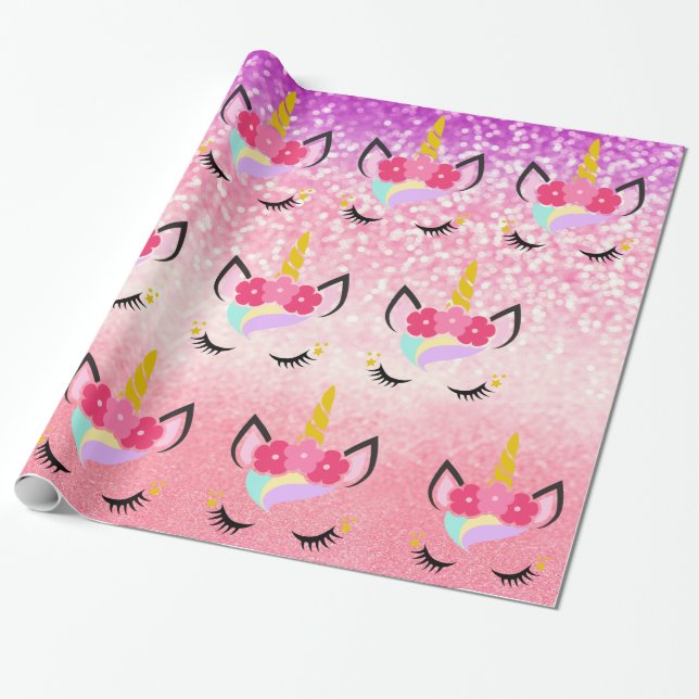 Personalized Unicorn Ombre Glitter Wrapping Paper (Unrolled)