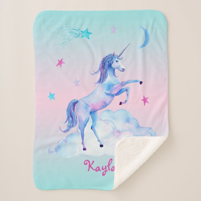 Personalized Unicorn on Clouds Sherpa Snuggy Blanket (Front)
