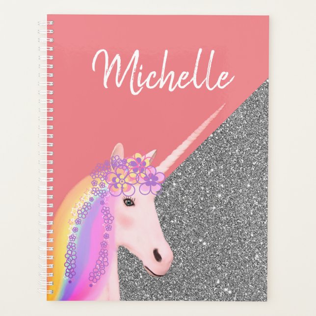 Personalized Unicorn Pastel Rainbow Glitter Planner (Front)