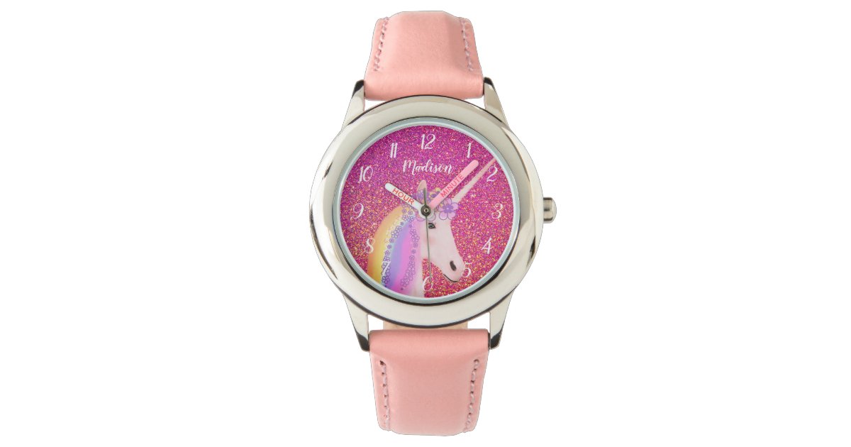 Personalized Unicorn Pink Glitter Sparkle Kid's Watch | Zazzle
