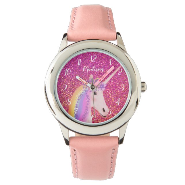 Personalized Unicorn Pink Glitter Sparkle Kid's Watch (Front)