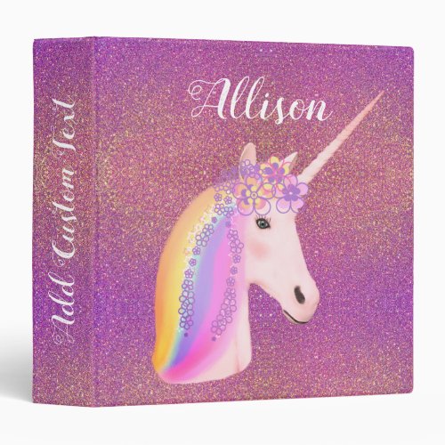 Personalized Unicorn Pink Gold Glitter 3 Ring Binder