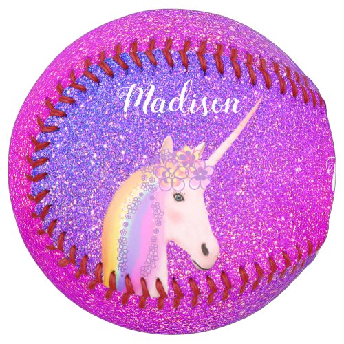 Personalized Unicorn Pink Purple Glitter Girls Softball