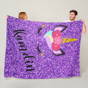 Personalized Unicorn Purple Glitter Fleece Throw Blanket