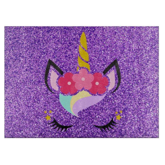 Personalized Unicorn Purple Glitter Glass Cutting Board (Front)