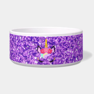 Personalized Unicorn Purple Glitter Pet Bowls