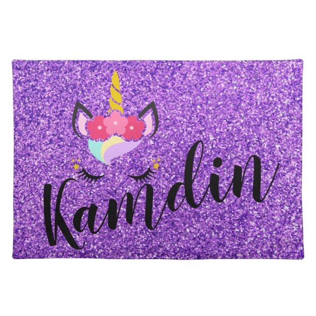 Personalized Unicorn Purple Glitter Placemat (Front)