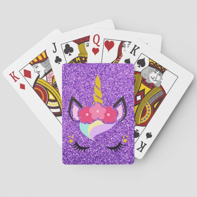 Personalized Unicorn Purple Glitter Playing Cards (Back)