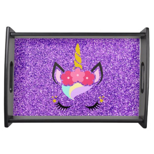 Personalized Unicorn Purple Glitter Serving Tray