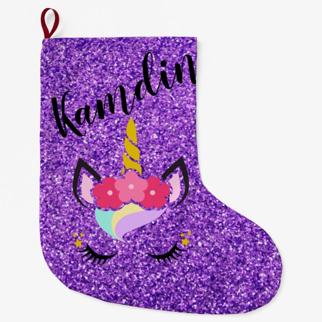 Personalized Unicorn Purple Glitter Stocking (Front)