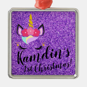 Personalized Unicorn Purple Glitter XMAS Ornament