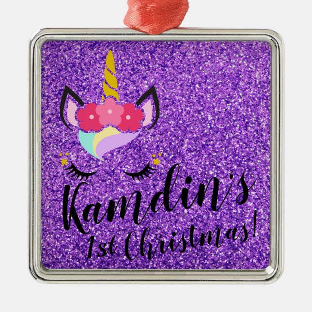 Personalized Unicorn Purple Glitter XMAS Ornament (Front)