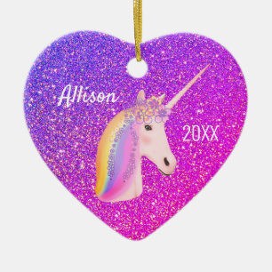 Personalized Unicorn Purple Pink Glitter Heart Ceramic Ornament