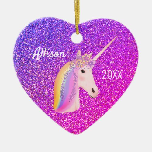 Personalized Unicorn Purple Pink Glitter Heart Ceramic Ornament